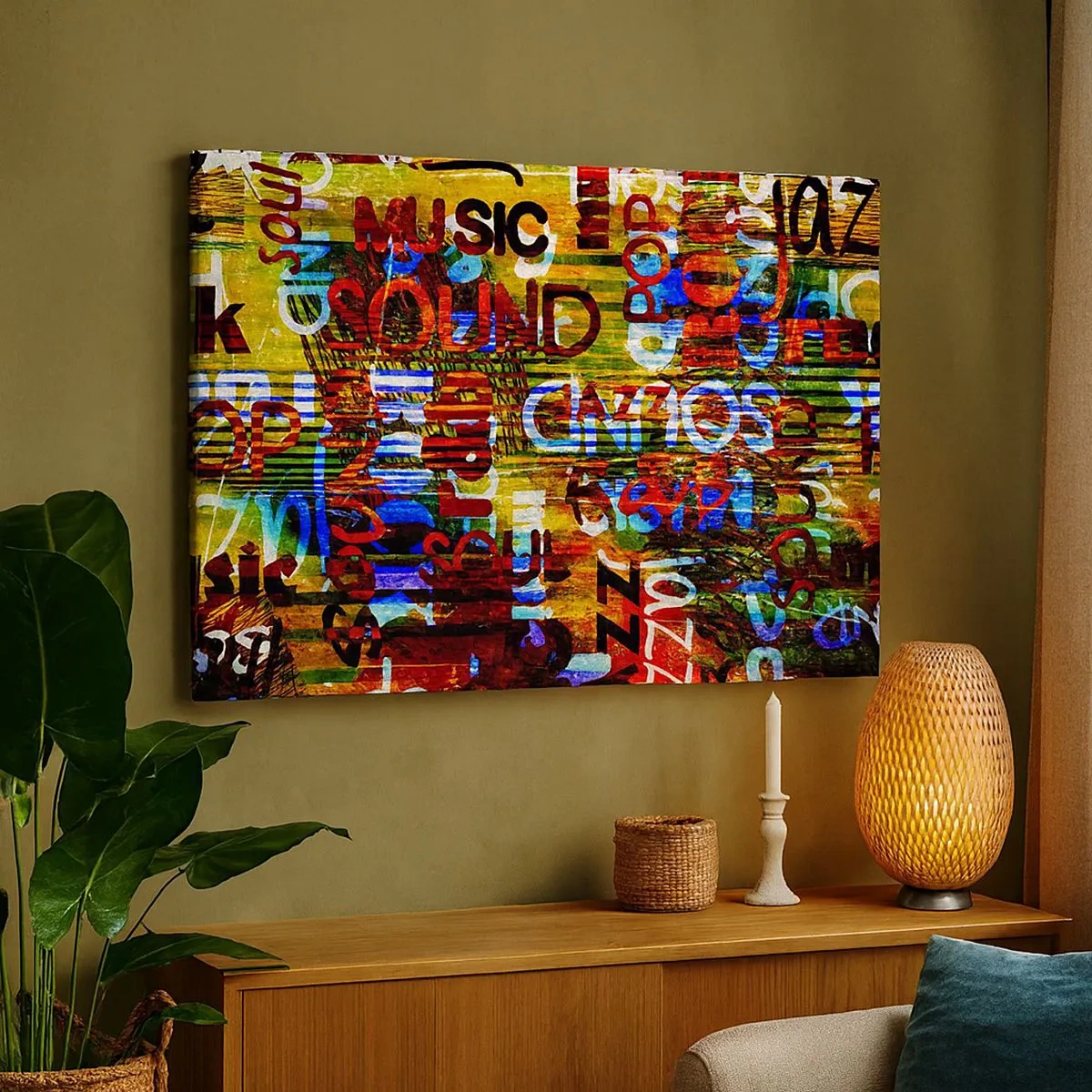 Bild auf Leinwand - Leinwandbild - Bunte Abstraktion mit Musikinschriften im Pop-Art-Stil - 70x50cm - Alle Farben des Klangs - Moderne Wanddekoration für Wohnzimmer und Schlafzimmer ARTTOR