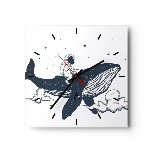 Wanduhr - Glasuhr - Astronaut auf einem im Weltraum schwebenden Wal - 30x30cm - Weltraumabenteuer - Moderne Wanddekoration für Wohnzimmer und Schlafzimmer ARTTOR