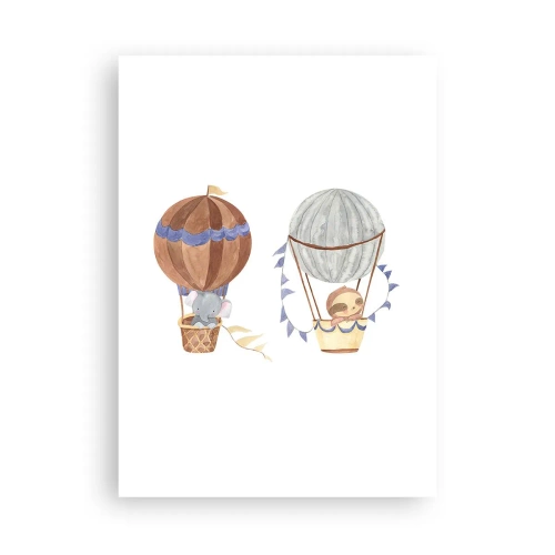 Poster - Niedliche Tiere in Luftballons auf weißem Hintergrund im Aquarellstil - 50x70cm - Freunde auf Reise - Moderne Wanddekoration für Wohnzimmer und Schlafzimmer ARTTOR