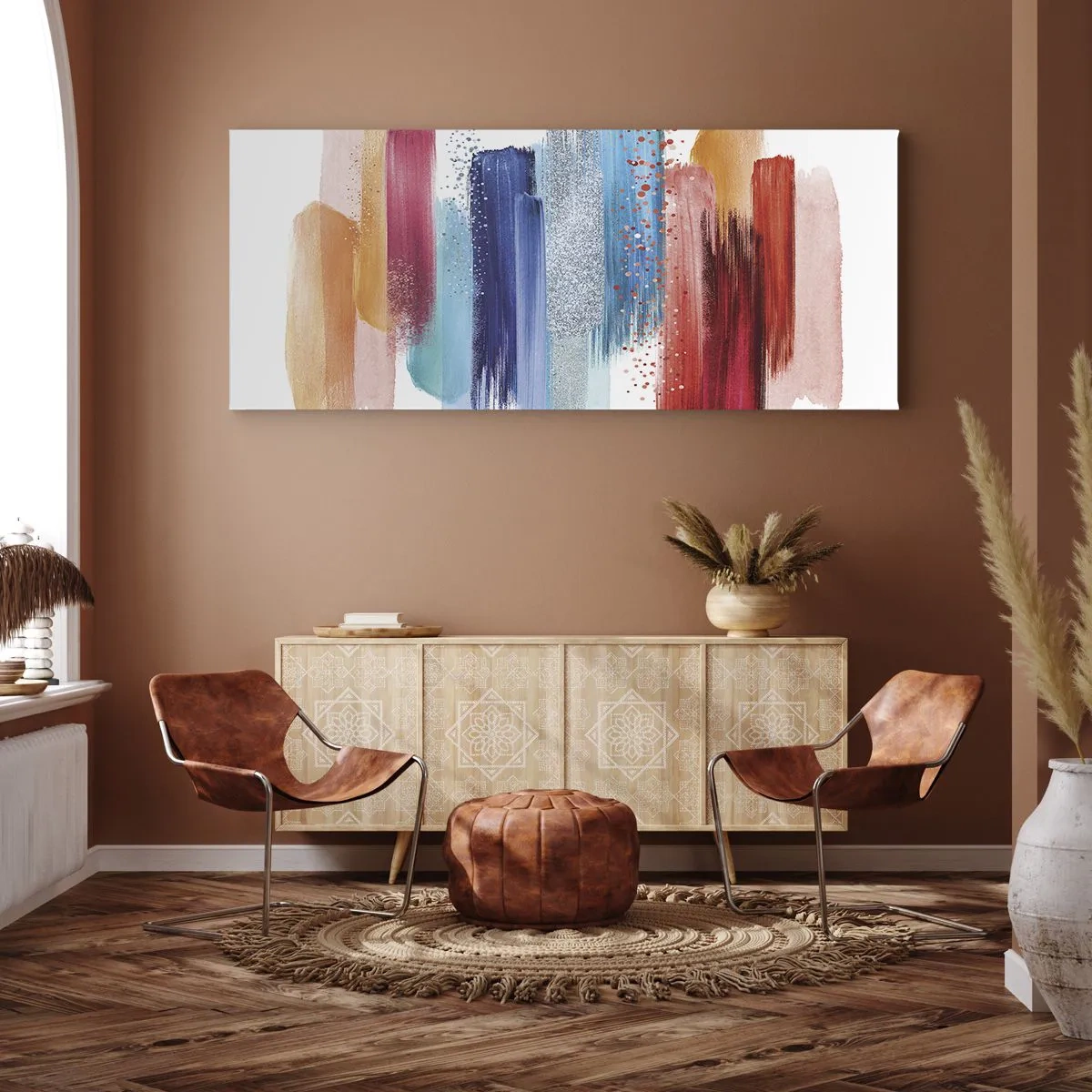 Bild auf Leinwand - Leinwandbild - Bunte Pinselstriche auf weißem Hintergrund - 120x50cm - Auf und ab - Moderne Wanddekoration für Wohnzimmer und Schlafzimmer ARTTOR