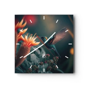 Wanduhr - Glasuhr - Ein bunter Kolibri neben Blumen vor einem natürlichen Hintergrund - 30x30cm - Wirklich buntes Leben - Moderne Wanddekoration für Wohnzimmer und Schlafzimmer ARTTOR