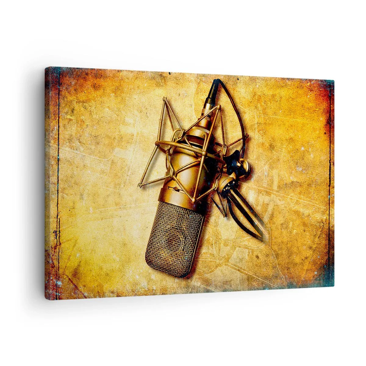 Bild auf Leinwand - Leinwandbild - Ein goldenes Studiomikrofon vor einem Vintage-Hintergrund in warmen Tönen. - 70x50cm - Die goldenen Jahre des Radios - Moderne Wanddekoration für Wohnzimmer und Schlafzimmer ARTTOR