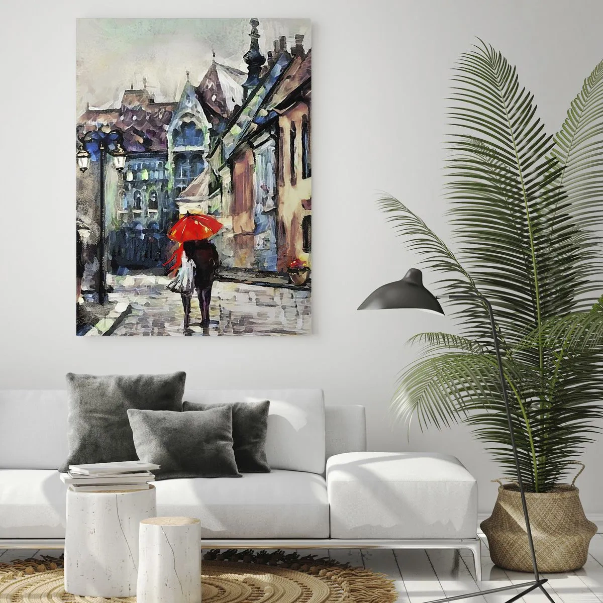 Glasbild - Bild auf glas - Ein Paar unter einem roten Regenschirm schlendert durch eine malerische Straße - 50x70cm - Regen für Zwei - Moderne Wanddekoration für Wohnzimmer und Schlafzimmer ARTTOR