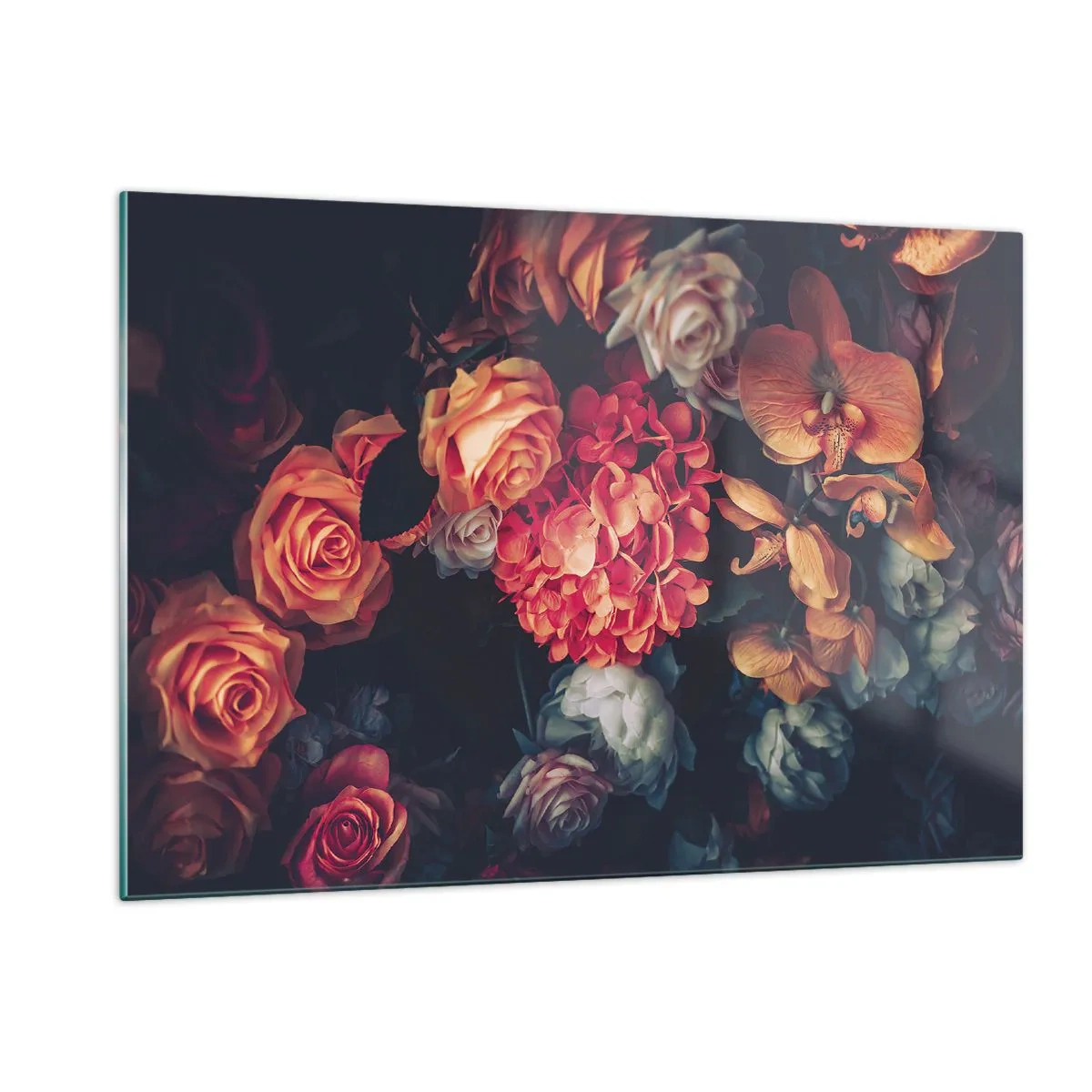 Glasbild - Bild auf glas - Dunkles Blumenarrangement mit Rosen und Orchideen - 120x80cm - Wie bei den holländischen Meistern - Moderne Wanddekoration für Wohnzimmer und Schlafzimmer ARTTOR