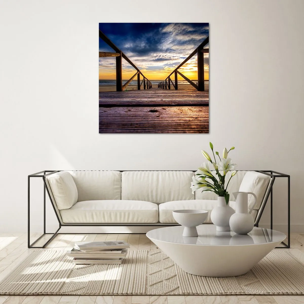 Glasbild - Bild auf glas - Direkt zum ruhigen Strand bei Sonnenuntergang - 40x40 cm