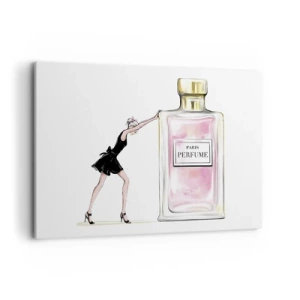 Bild auf Leinwand - Leinwandbild - Eine Frau in einem schwarzen Kleid neben einer Parfümflasche - 120x80cm - Essenz der Weiblichkeit - Moderne Wanddekoration für Wohnzimmer und Schlafzimmer ARTTOR
