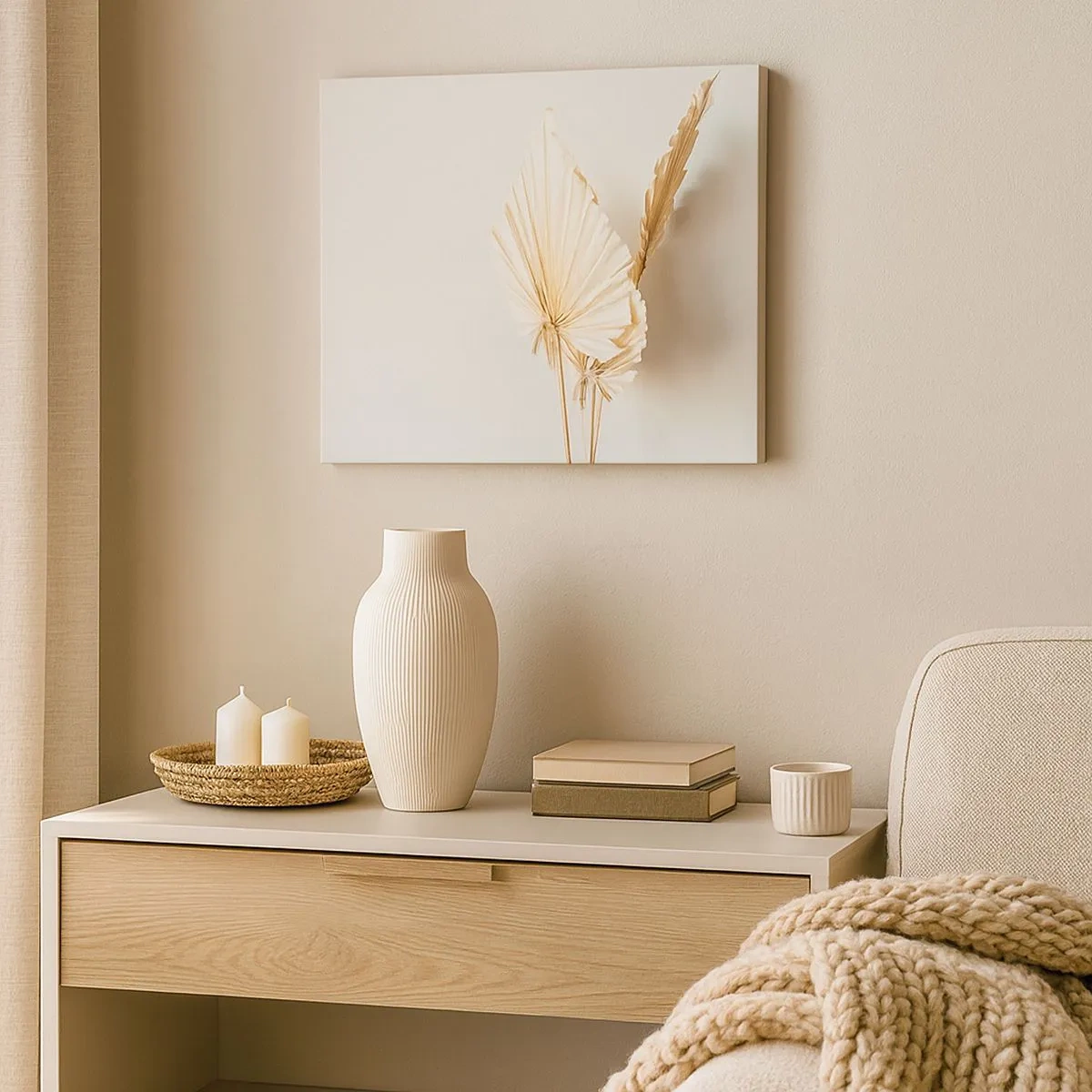 Bild auf Leinwand - Leinwandbild - Getrocknete Palmblätter in minimalistischem Arrangement - 70x50cm - Wenn Sie Erleichterung brauchen - Moderne Wanddekoration für Wohnzimmer und Schlafzimmer ARTTOR