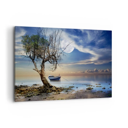 Bild auf Leinwand - Leinwandbild - Ein einsamer Baum und ein Boot auf ruhigem Wasser unter Vollmond. - 120x80cm - Ist das das Ende oder der Anfang? - Moderne Wanddekoration für Wohnzimmer und Schlafzimmer ARTTOR