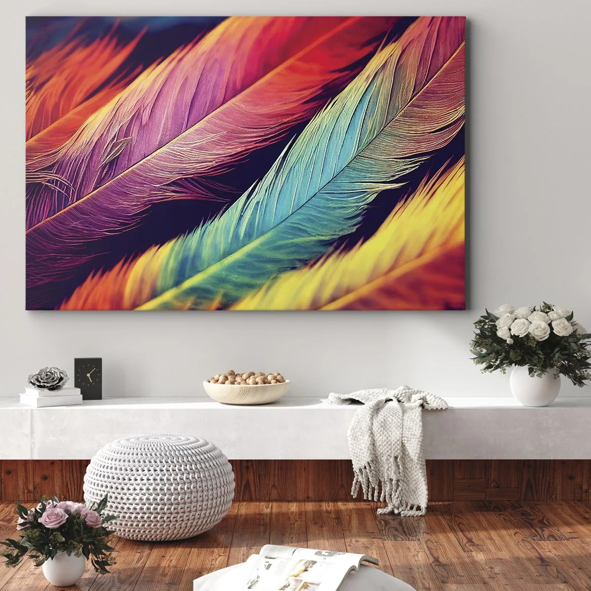 Bild auf Leinwand - Leinwandbild - Bunte Federn in intensiven Farben - 100x70cm - Gefiederter Regenbogen - Moderne Wanddekoration für Wohnzimmer und Schlafzimmer ARTTOR