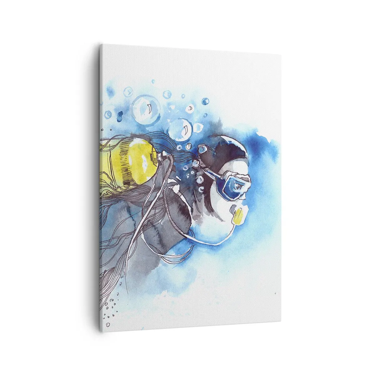 Bild auf Leinwand - Leinwandbild - Unterwasserszene mit einem Taucher und exotischen Fischen - 50x70cm - Tolles Blau - Moderne Wanddekoration für Wohnzimmer und Schlafzimmer ARTTOR
