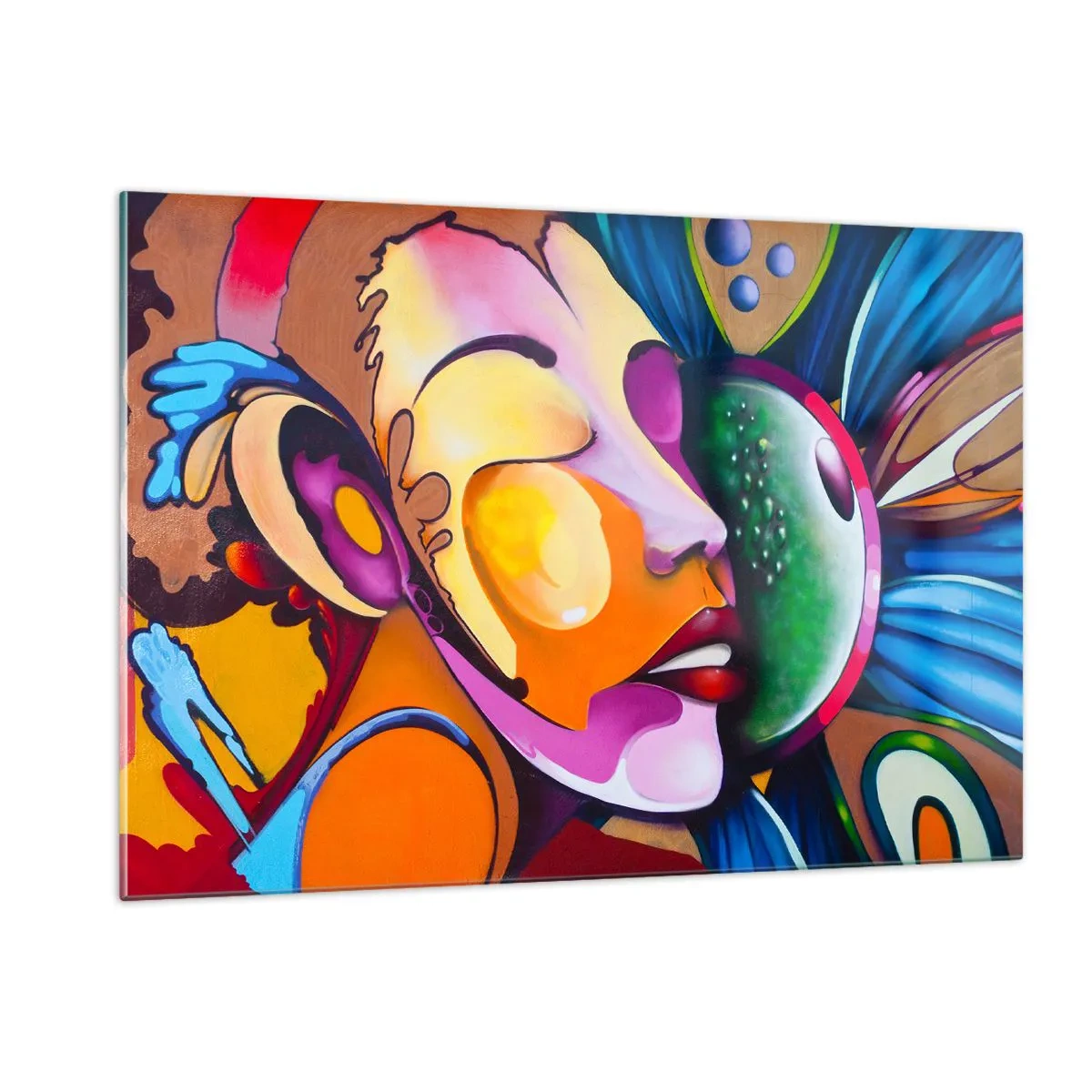 Glasbild - Bild auf glas - Bunte Abstraktion von Gesichtern im Street-Art-Stil - 120x80cm - Mit Farbe berühren - Moderne Wanddekoration für Wohnzimmer und Schlafzimmer ARTTOR