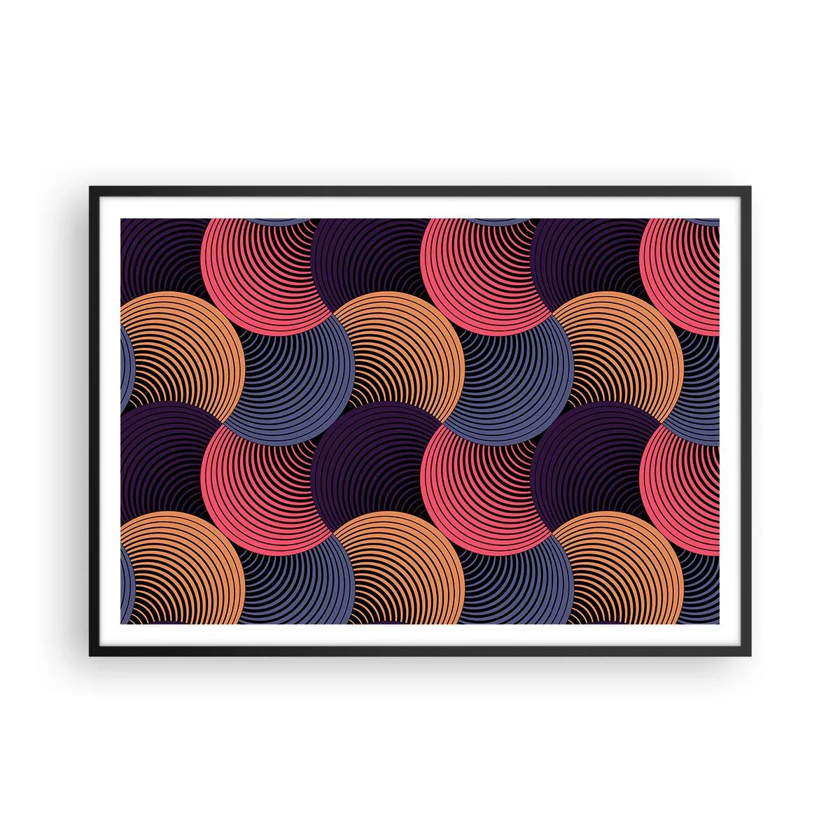 Poster in einem schwarzem Rahmen - Geometrische Kreise in Rosa-, Lila- und Goldtönen - 100x70cm - Im kreisenden Rhythmus - Moderne Wanddekoration für Wohnzimmer und Schlafzimmer ARTTOR