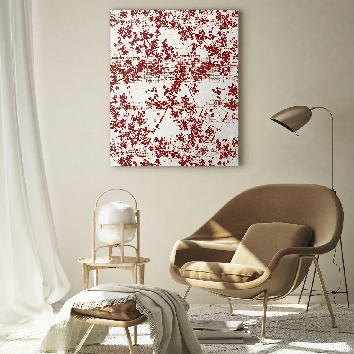 Glasbild - Bild auf glas - Ein Blumenmuster in Rot auf einem hellen, verwitterten Hintergrund - 50x70cm - Wie alter Perkal - Moderne Wanddekoration für Wohnzimmer und Schlafzimmer ARTTOR