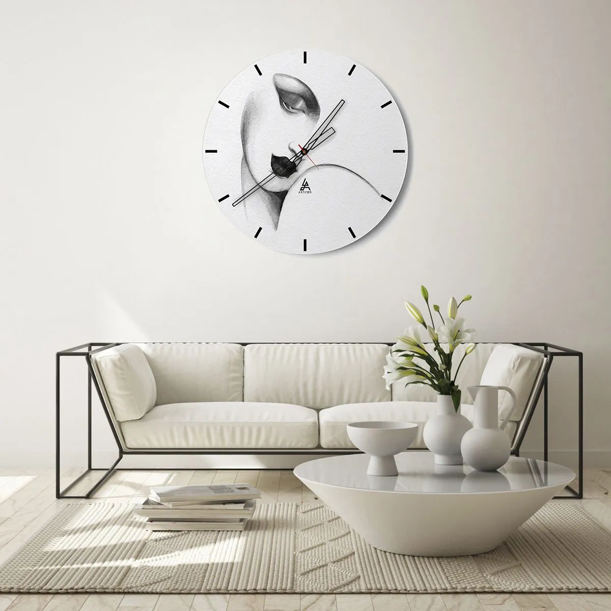 Wanduhr - Glasuhr - Ein minimalistisches Porträt einer Frau in Grautönen. - 30x30cm - Im Stil von Łempicka - Moderne Wanddekoration für Wohnzimmer, Küche und Schlafzimmer ARTTOR
