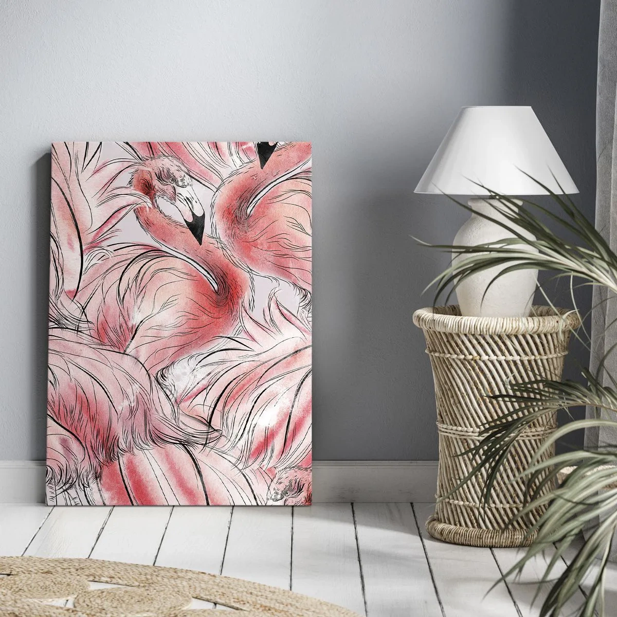 Bild auf Leinwand - Leinwandbild - Zarte Zeichnungen von rosa Flamingos - 50x70cm - Bird Corps de Ballet - Moderne Wanddekoration für Wohnzimmer und Schlafzimmer ARTTOR