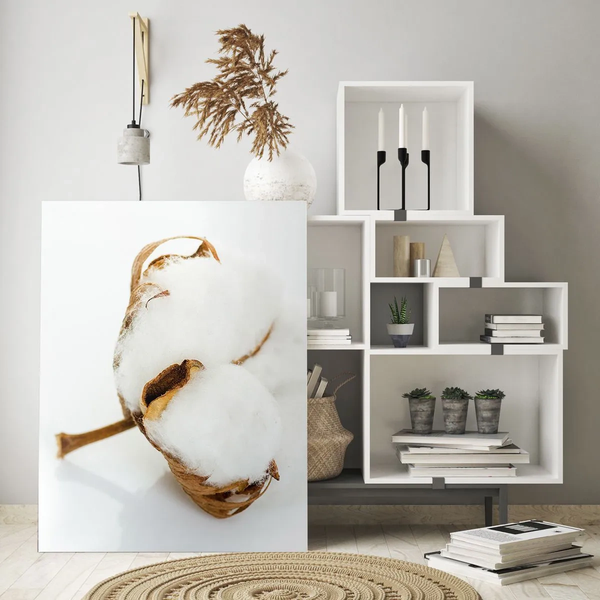 Glasbild - Bild auf glas - Eine einzelne flauschige Baumwollblume auf weißem Hintergrund - 50x70cm - Von Natur aus weich - Moderne Wanddekoration für Wohnzimmer und Schlafzimmer ARTTOR