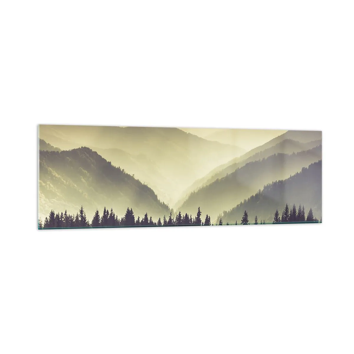 Glasbild - Bild auf glas - Malerische Bergketten im Nebel in warmem Licht - 160x50cm - Hinter den sieben Bergen ... - Moderne Wanddekoration für Wohnzimmer und Schlafzimmer ARTTOR