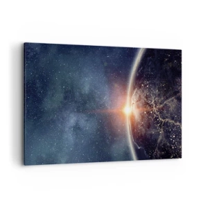 Bild auf Leinwand - Leinwandbild - Die Erde vom Weltraum aus gesehen mit der aufgehenden Sonne - 120x80cm - In einer neuen Perspektive - Moderne Wanddekoration für Wohnzimmer und Schlafzimmer ARTTOR