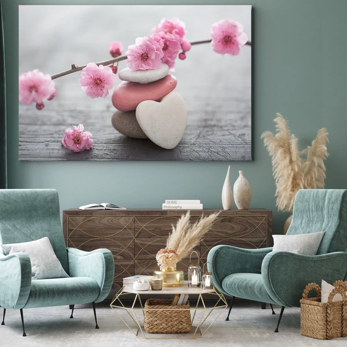 Bild auf Leinwand - Leinwandbild - Zarte Kirschblüten mit herzförmigen Steinen - 120x80cm - Glückseligkeit mit einer Kirschblüte - Moderne Wanddekoration für Wohnzimmer und Schlafzimmer ARTTOR
