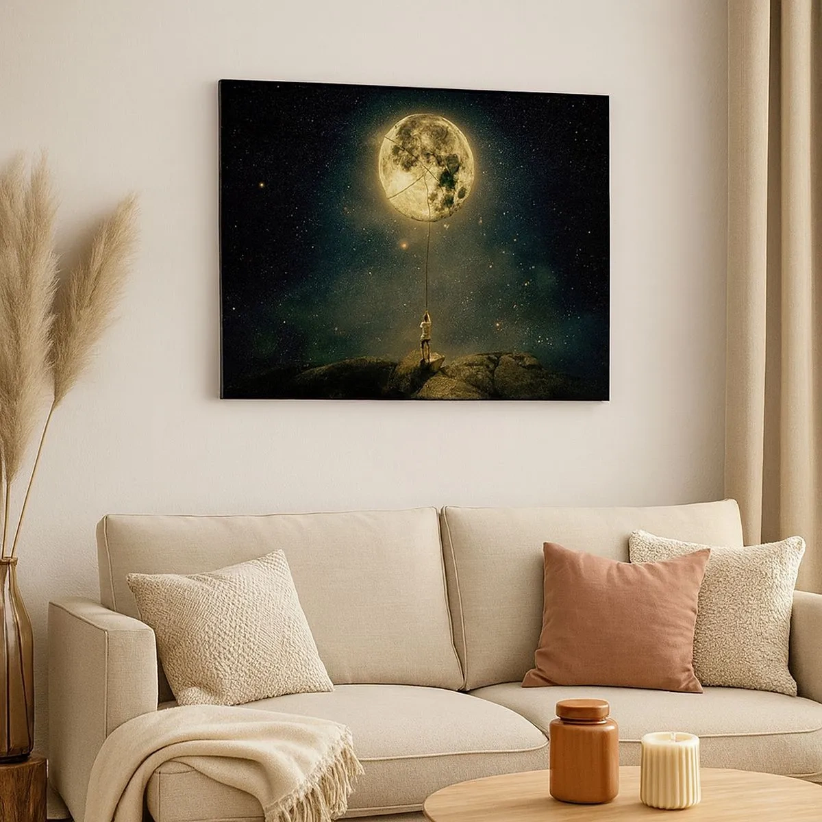Bild auf Leinwand - Leinwandbild - Mann mit dem Mond vor dem Sternenhimmel - 70x50cm - Der Mann, der den Mond gestohlen hat - Moderne Wanddekoration für Wohnzimmer und Schlafzimmer ARTTOR