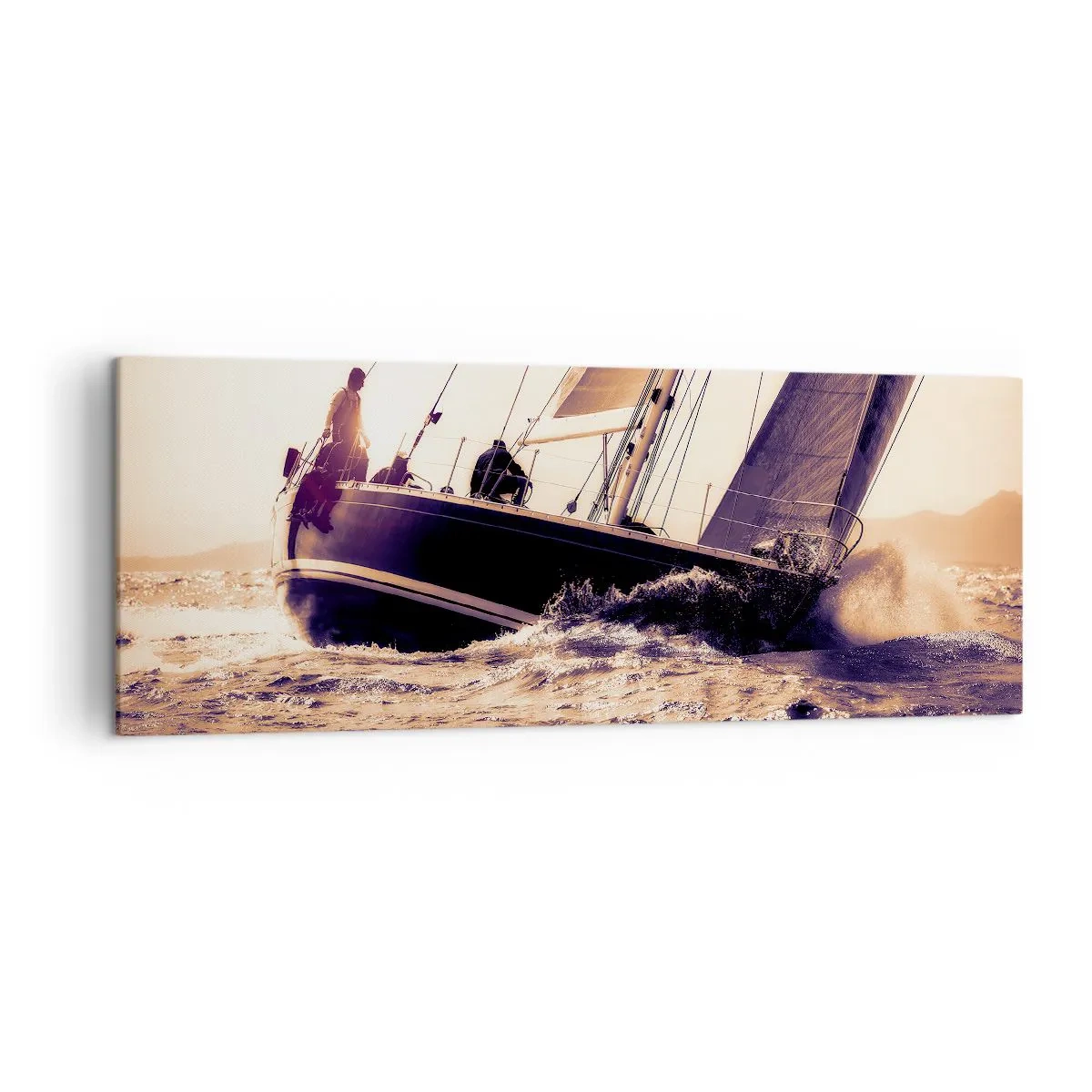Bild auf Leinwand - Leinwandbild - Eine Yacht auf stürmischer See im Licht der untergehenden Sonne - 140x50cm - Segle, Seemann - Moderne Wanddekoration für Wohnzimmer und Schlafzimmer ARTTOR