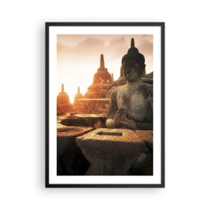 Poster in einem schwarzem Rahmen - Buddha-Statue mit Tempeln im Hintergrund bei Sonnenuntergang - 50x70cm - Wetter der großen Weisheit - Moderne Wanddekoration für Wohnzimmer und Schlafzimmer ARTTOR