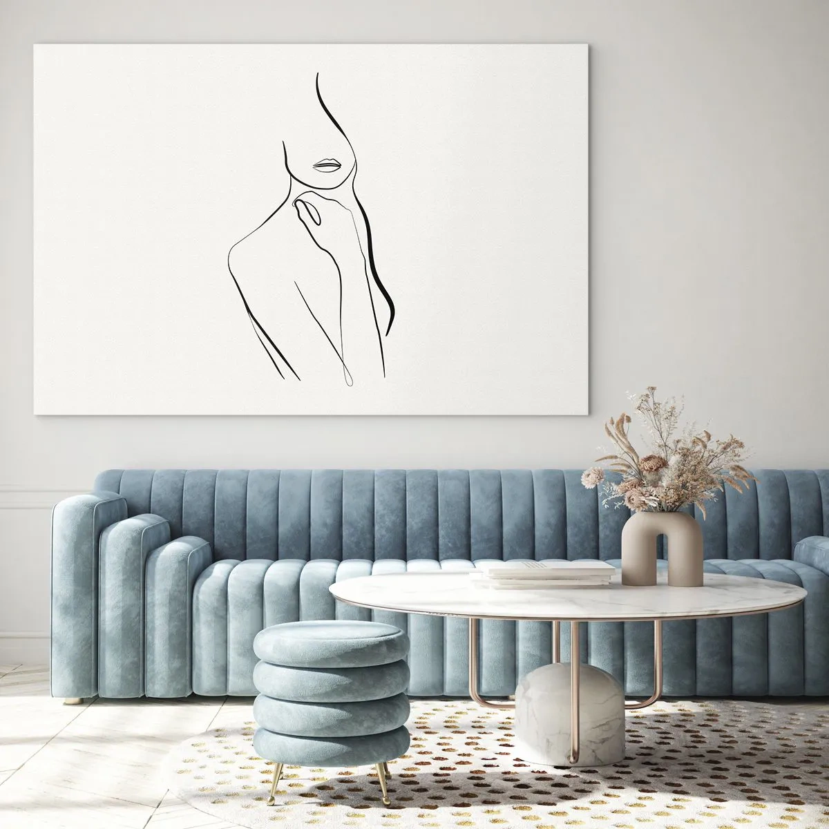 Glasbild - Bild auf glas - Eine minimalistische Linie, die eine weibliche Silhouette vor einem hellen Hintergrund zeigt - 70x50cm - Eine Welle der Melancholie - Moderne Wanddekoration für Wohnzimmer und Schlafzimmer ARTTOR