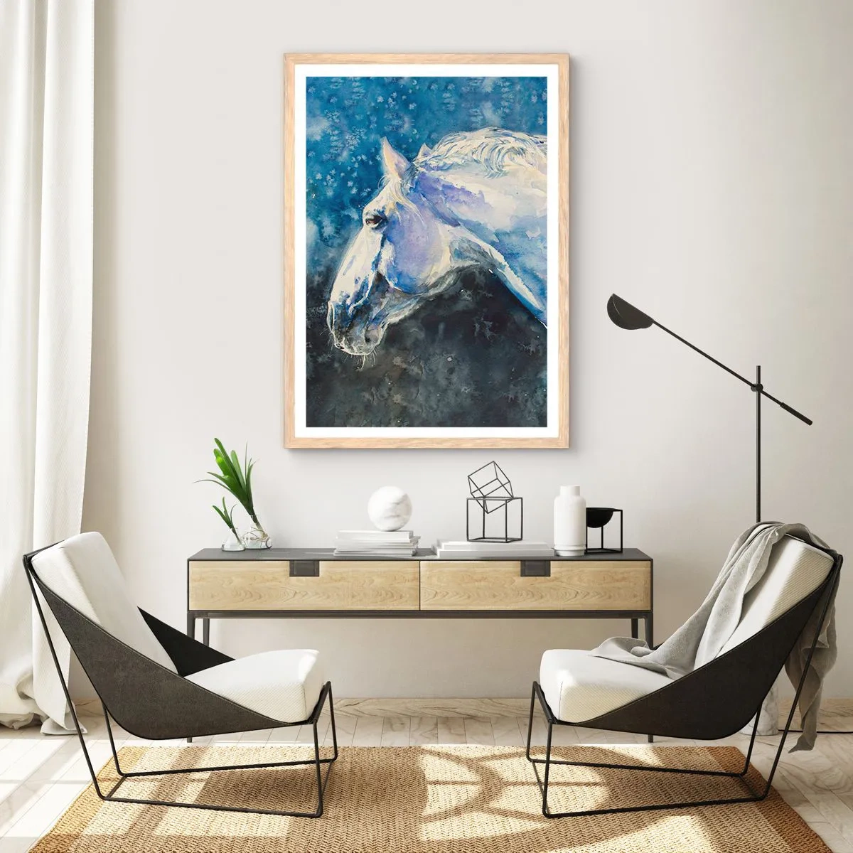 Poster in einem Rahmen aus heller Eiche - Porträt in blauem Glanz - 70x100 cm