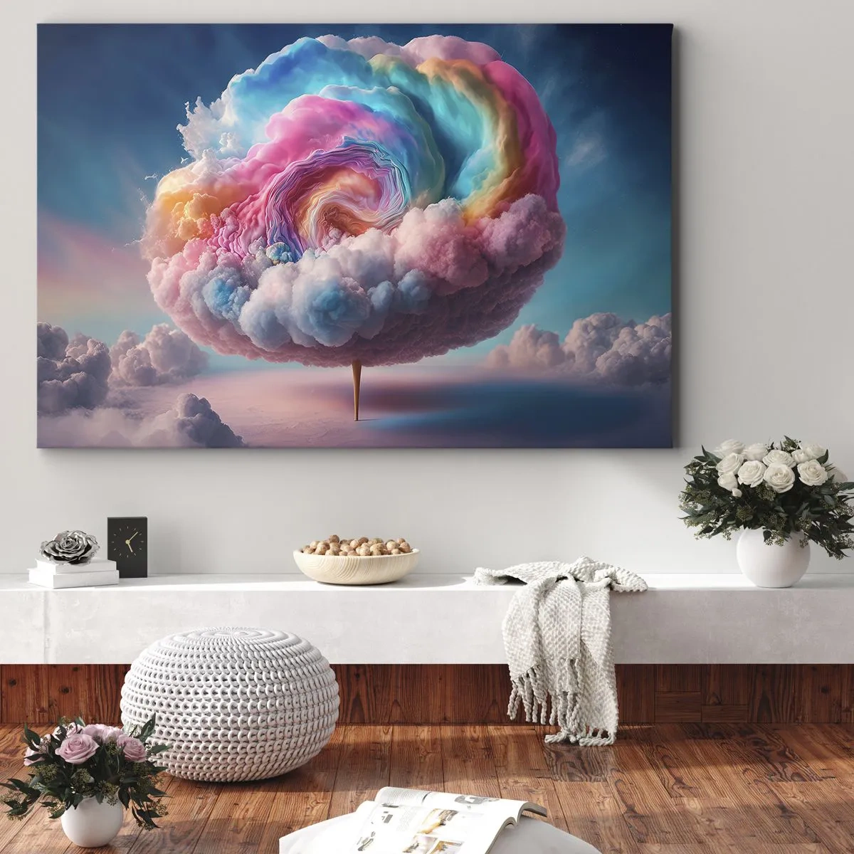Bild auf Leinwand - Leinwandbild - Eine spiralförmige Wolke mit Pastellfarben am Himmel - 70x50cm - Traum von einem Vergnügungspark - Moderne Wanddekoration für Wohnzimmer und Schlafzimmer ARTTOR
