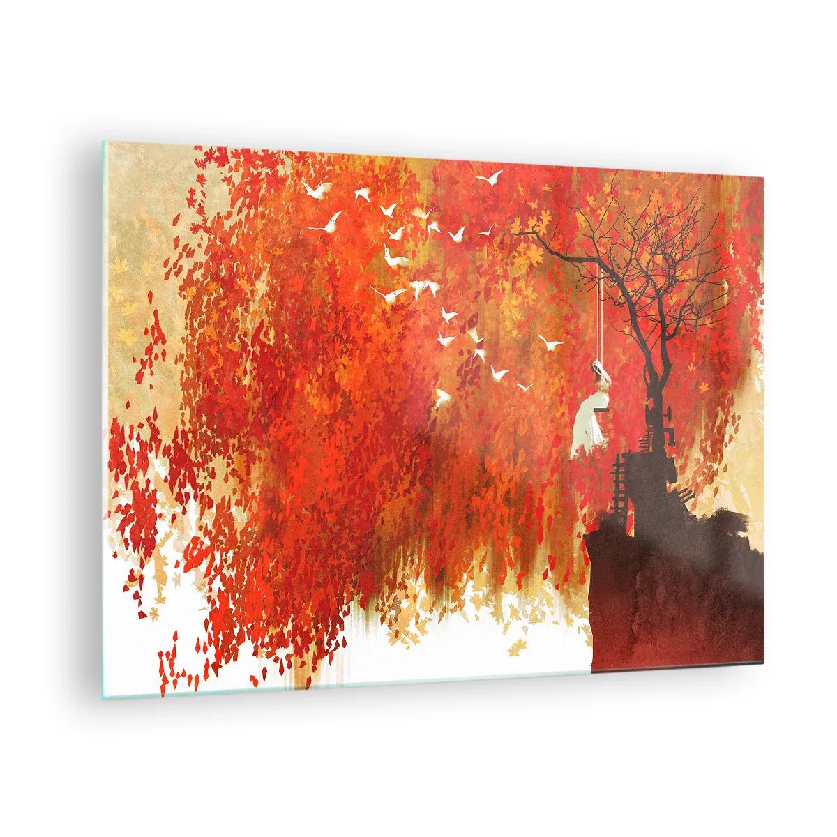 Glasbild - Bild auf glas - Rote Blätter, ein einsamer Baum und Vögel in einer Herbstszene - 70x50cm - Wird er mit ihnen fliegen? - Moderne Wanddekoration für Wohnzimmer und Schlafzimmer ARTTOR