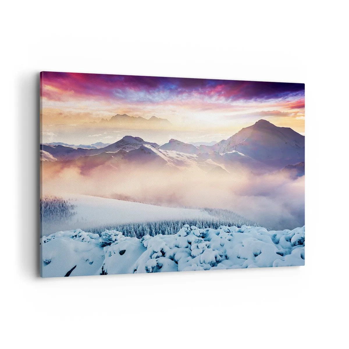 Bild auf Leinwand - Leinwandbild - Schneebedeckte Berge im Morgengrauen mit einem farbenfrohen Himmel - 100x70cm - Die Kraft und Reinheit der Natur - Moderne Wanddekoration für Wohnzimmer und Schlafzimmer ARTTOR