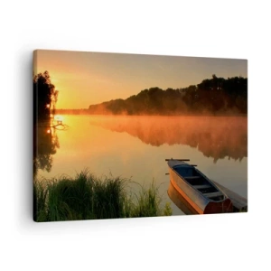 Bild auf Leinwand - Leinwandbild - Morgennebel über dem Fluss mit einem Boot in den Sonnenstrahlen - 70x50cm - Sonnenaufgang über dem Wasser wie ein Spiegel - Moderne Wanddekoration für Wohnzimmer und Schlafzimmer ARTTOR