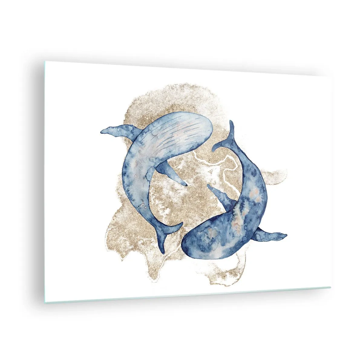 Glasbild - Bild auf glas - Zwei Blauwale vor einem Hintergrund aus abstrakten goldenen Flecken - 70x50cm - Freundschaft oder Liebe? - Moderne Wanddekoration für Wohnzimmer und Schlafzimmer ARTTOR