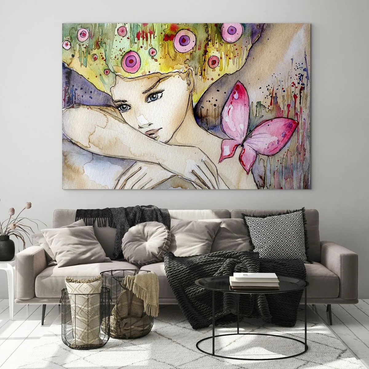 Glasbild - Bild auf glas - Porträt einer Frau mit bunter Frisur und einem Schmetterling in Aquarell - 100x70cm - Schmetterlingsprinzessin - Moderne Wanddekoration für Wohnzimmer und Schlafzimmer ARTTOR