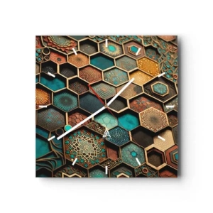 Wanduhr - Glasuhr - Bunte Ornamente in sechseckigen Mustern - 30x30cm - Arabische Ornamente – Variation - Moderne Wanddekoration für Wohnzimmer und Schlafzimmer ARTTOR