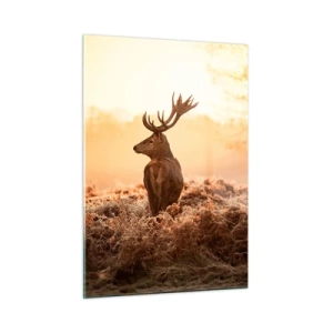 Glasbild - Bild auf glas - Hirsch vor dem Hintergrund eines Sonnenaufgangs in einer natürlichen Landschaft - 50x70cm - Herr im eigenen Land - Moderne Wanddekoration für Wohnzimmer und Schlafzimmer ARTTOR