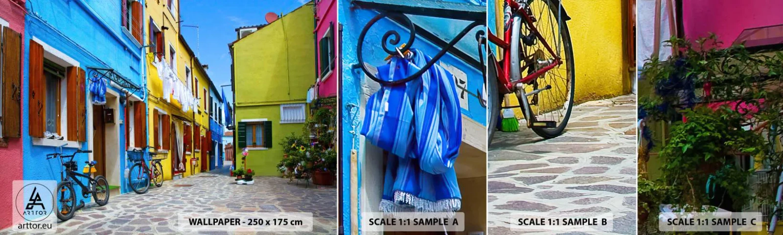 Fototapetenmuster Standard Eco - Pastell, süße Gasse - Stadt, Fahrräder, Gasse - 100x30 cm