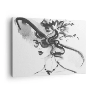 Bild auf Leinwand - Leinwandbild - Elegante Frau mit Hut im Schwarz-Weiß-Stil - 70x50cm - Eine Dame mit Charakter - Moderne Wanddekoration für Wohnzimmer und Schlafzimmer ARTTOR