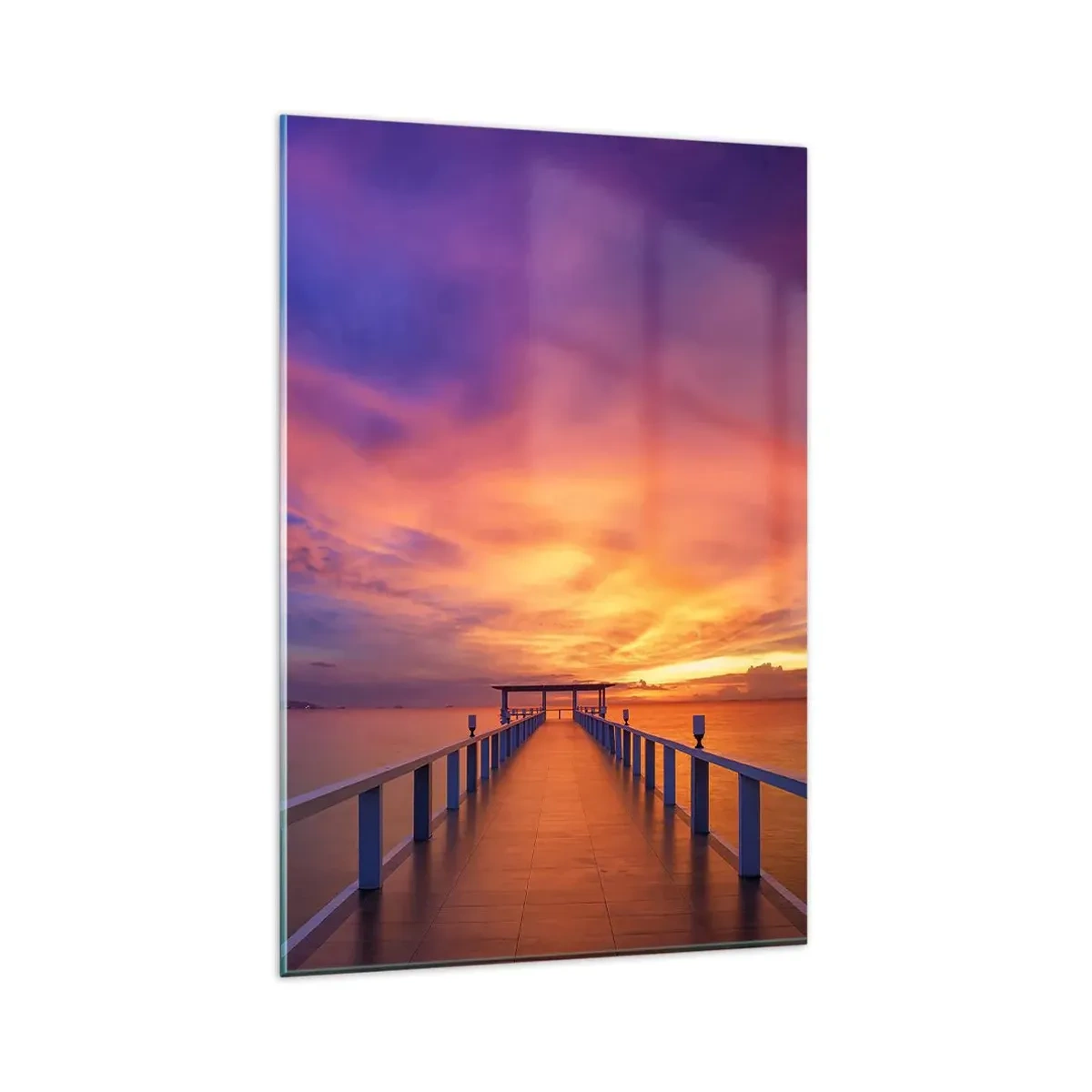 Glasbild - Bild auf glas - Ein Steg, der bei Sonnenuntergang aufs Meer hinausführt - 80x120cm - Ohne Ende - Moderne Wanddekoration für Wohnzimmer und Schlafzimmer ARTTOR