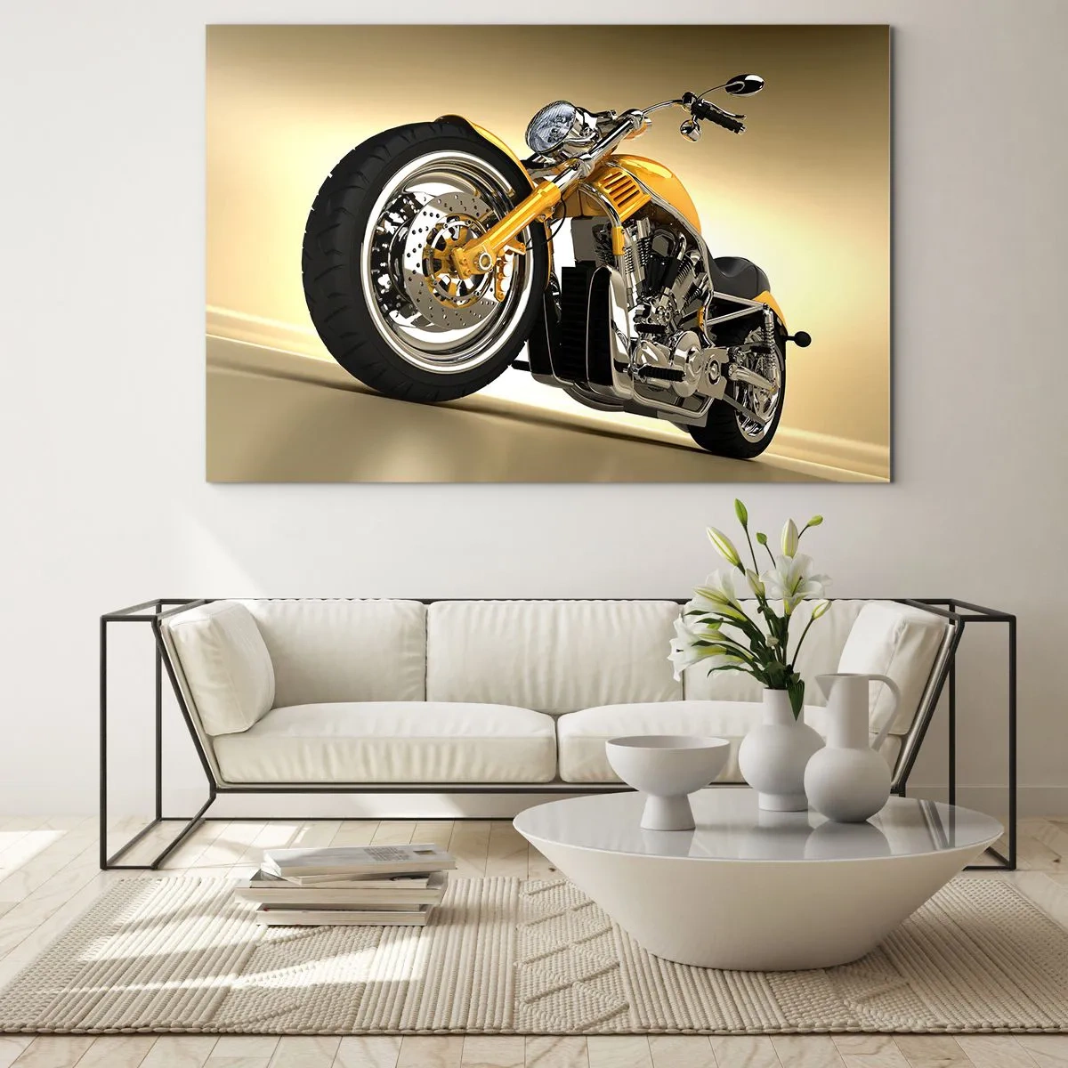 Glasbild - Bild auf glas - Ein goldenes Custom-Motorrad vor hellem Hintergrund - 70x50cm - Ein Traum von Kraft und Geschwindigkeit - Moderne Wanddekoration für Wohnzimmer und Schlafzimmer ARTTOR