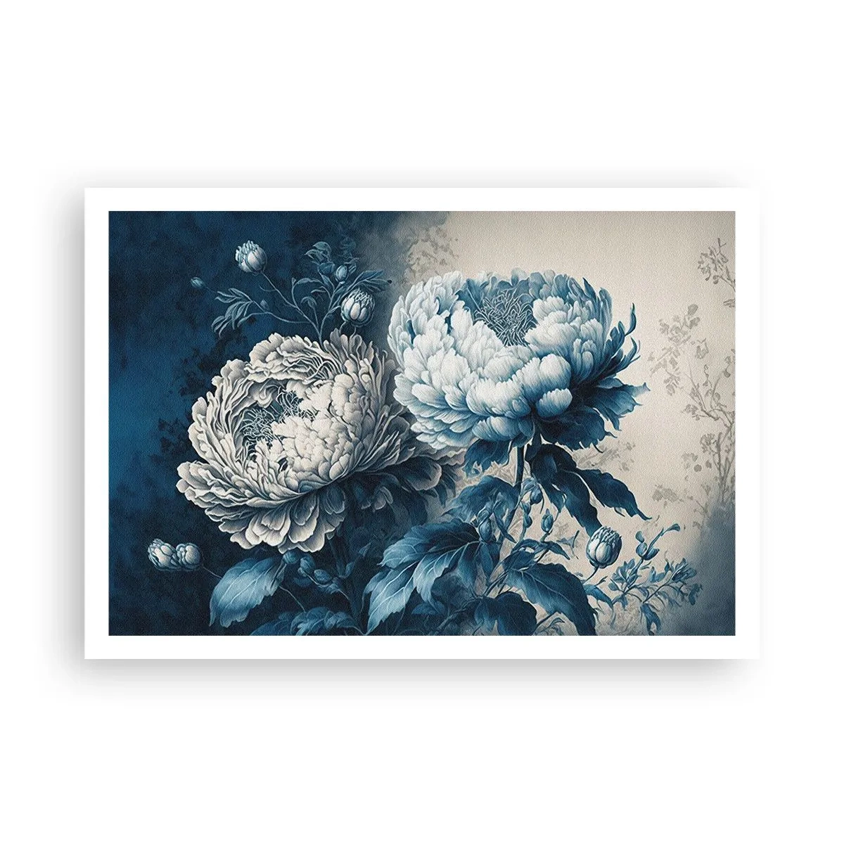 Poster - Blaue Pfingstrosen auf dezentem Untergrund mit zartem Muster - 100x70cm - Passendes Paar - Moderne Wanddekoration für Wohnzimmer und Schlafzimmer ARTTOR