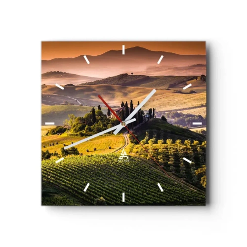 Wanduhr - Glasuhr - Toskanische Landschaft mit Weinbergen und einem Haus auf einem Hügel - 30x30cm - Arkadien - die toskanische Landschaft - Moderne Wanddekoration für Wohnzimmer und Schlafzimmer ARTTOR