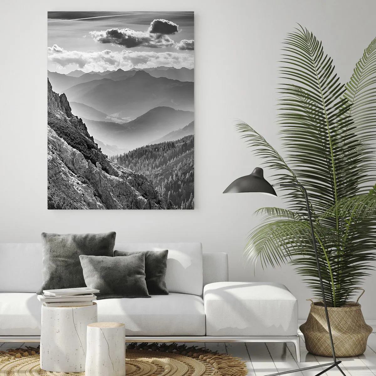 Glasbild - Bild auf glas - Schwarz-weiße Berglandschaft mit Wolken über den Gipfeln - 80x120cm - Bis zum Horizont - Moderne Wanddekoration für Wohnzimmer und Schlafzimmer ARTTOR
