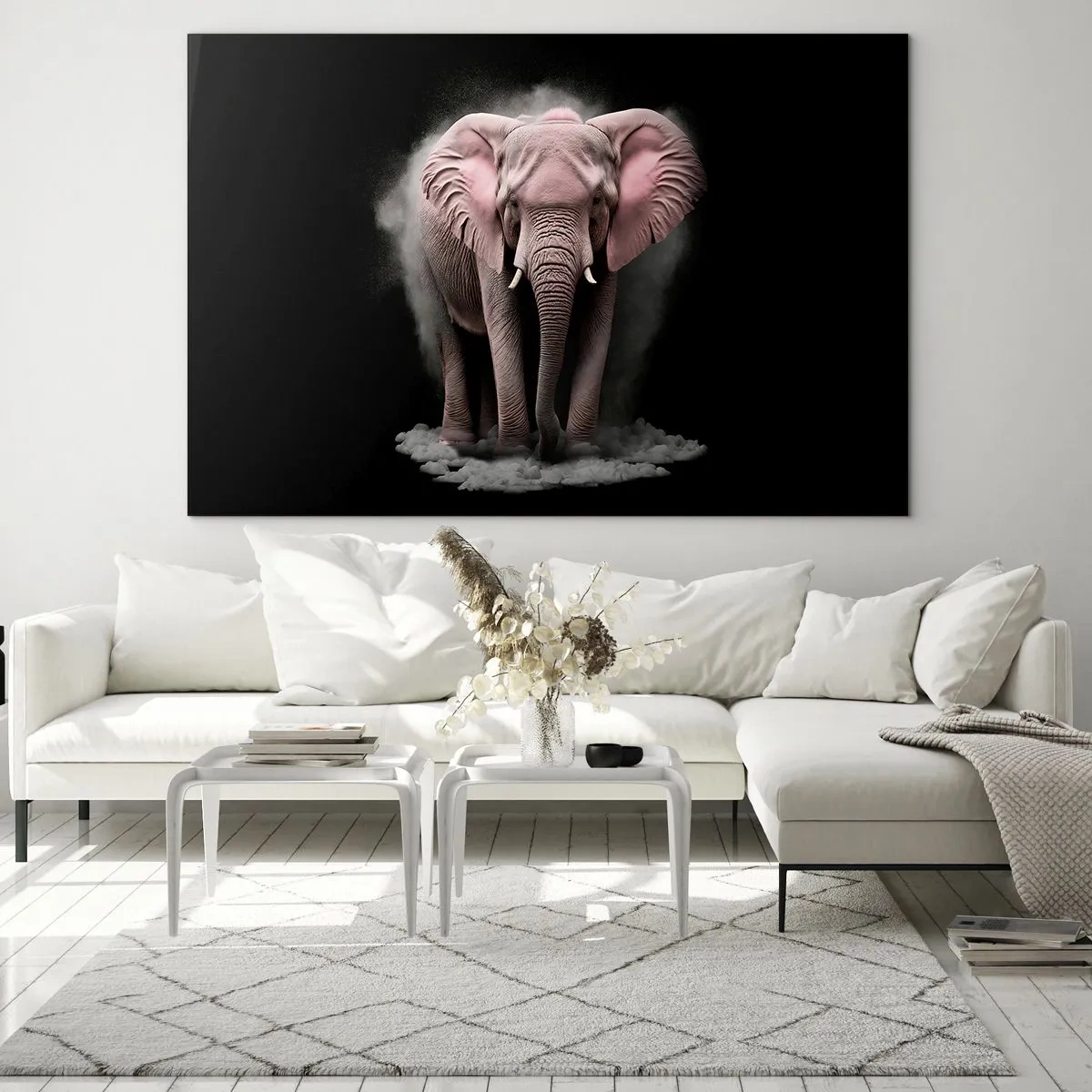 Glasbild - Bild auf glas - Ein rosa Elefant auf schwarzem Hintergrund, umgeben von einer Staubwolke. - 70x50cm - Denke nicht an einen rosa Elefanten! - Moderne Wanddekoration für Wohnzimmer und Schlafzimmer ARTTOR