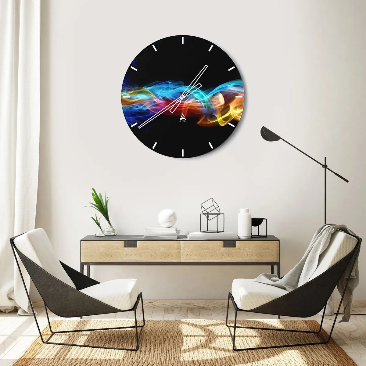 Wanduhr - Glasuhr - Bunte Lichtstreifen auf schwarzem Hintergrund - 30x30cm - Regenbogentanz der Nebel - Moderne Wanddekoration für Wohnzimmer, Küche und Schlafzimmer ARTTOR