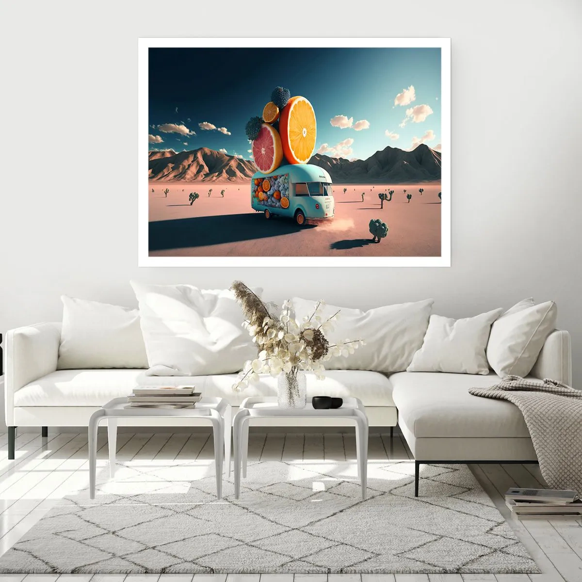 Poster - Obstwagen in einer Wüstenlandschaft - 100x70cm - Geschmack von Urlaub - Moderne Wanddekoration für Wohnzimmer und Schlafzimmer ARTTOR