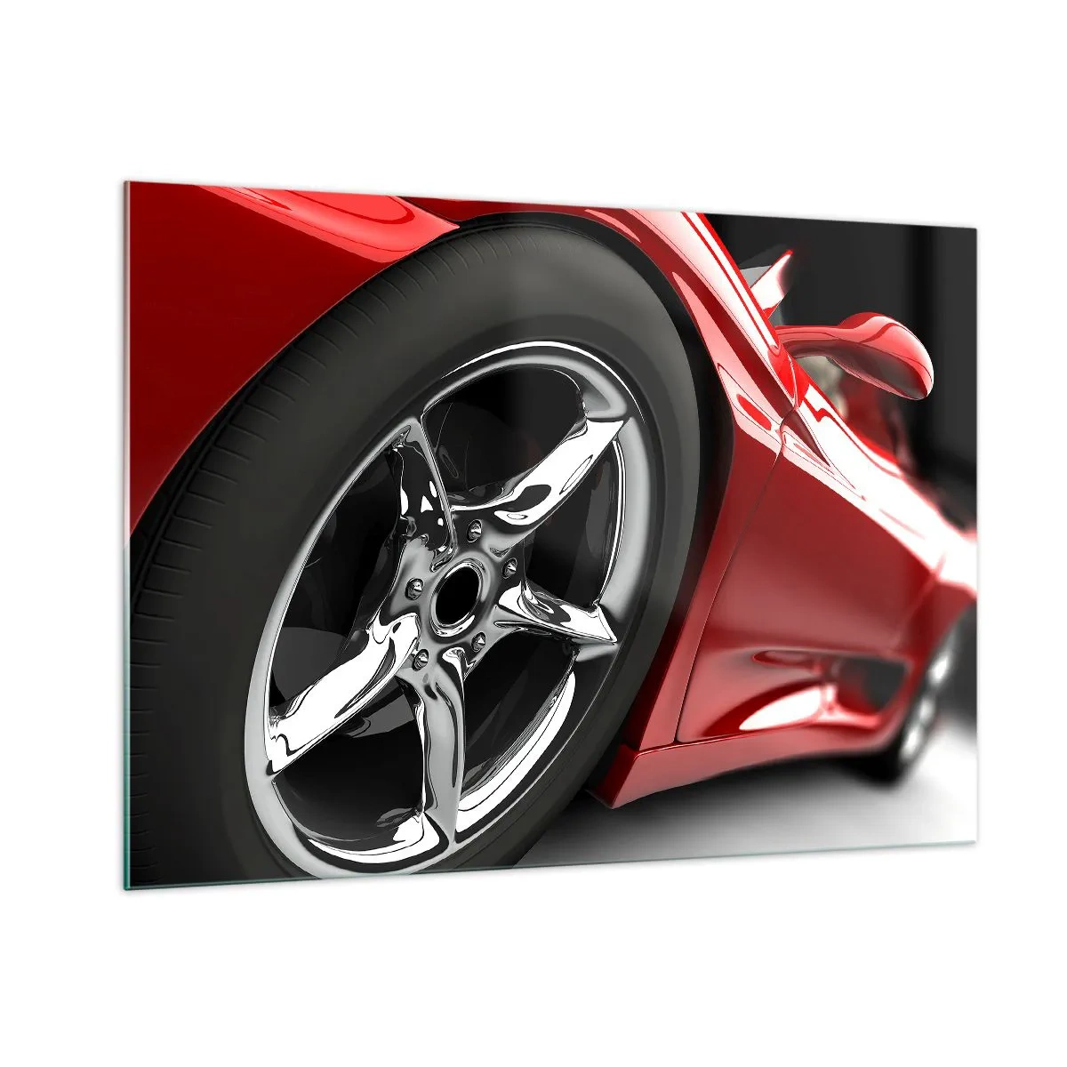 Glasbild - Bild auf glas - Detail eines roten Sportwagens mit Chromfelge - 100x70cm - Für Schnelligkeit gebaut - Moderne Wanddekoration für Wohnzimmer und Schlafzimmer ARTTOR