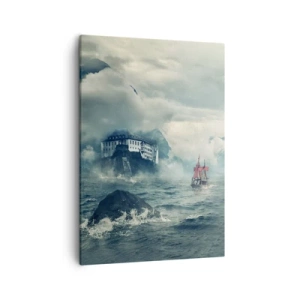 Bild auf Leinwand - Leinwandbild - Eine geheimnisvolle Landschaft mit einem Schloss, Bergen und einem Schiff - 50x70cm - In magischen Gewässern - Moderne Wanddekoration für Wohnzimmer und Schlafzimmer ARTTOR