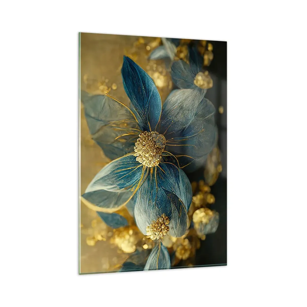 Glasbild - Bild auf glas - Elegante Blumen in Blau- und Goldtönen - 80x120cm - Mit Gold blühen - Moderne Wanddekoration für Wohnzimmer und Schlafzimmer ARTTOR