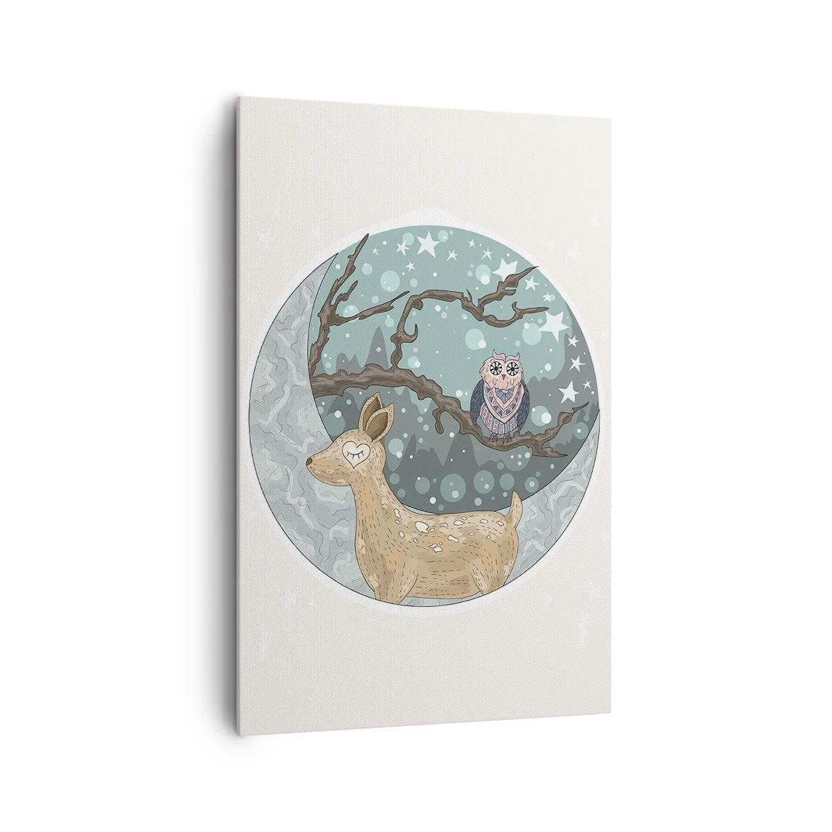 Bild auf Leinwand - Leinwandbild - Ein Reh und eine Eule in einer märchenhaften Nachtlandschaft - 80x120cm - Eine märchenhafte Waldnacht - Moderne Wanddekoration für Wohnzimmer und Schlafzimmer ARTTOR